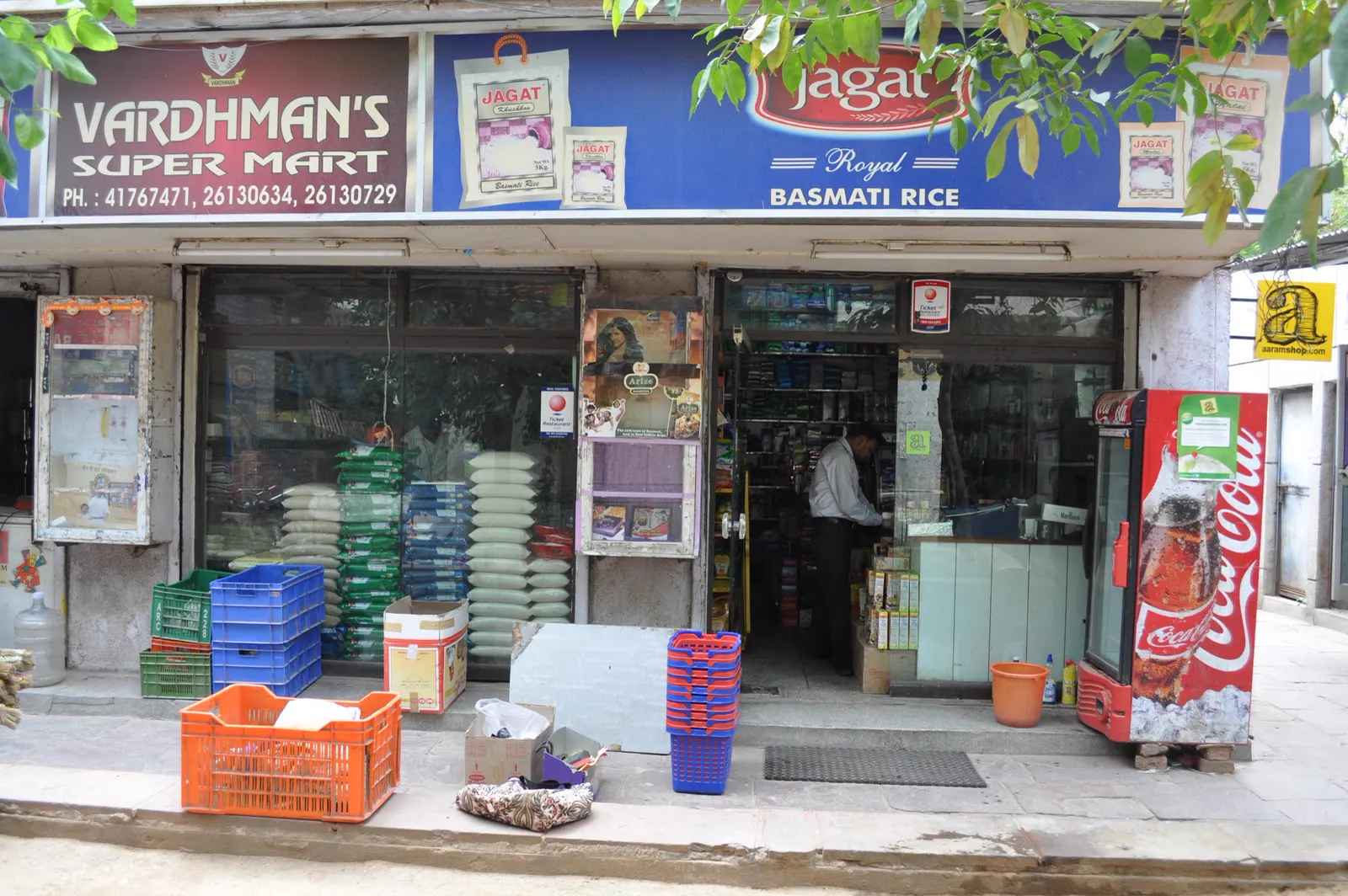 Front of a kirana grocery store in Vasai, Mumbai, with sacks of rice inside